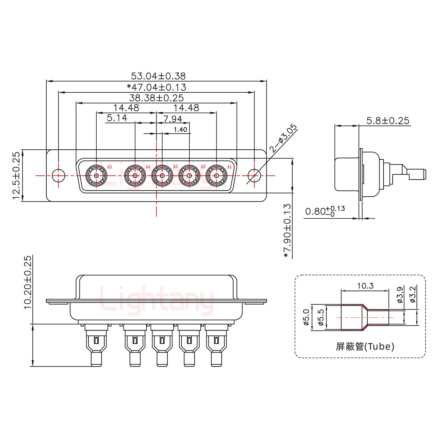 5W5母焊線(xiàn)式50歐姆+25P金屬外殼1657直出線(xiàn)4~12mm