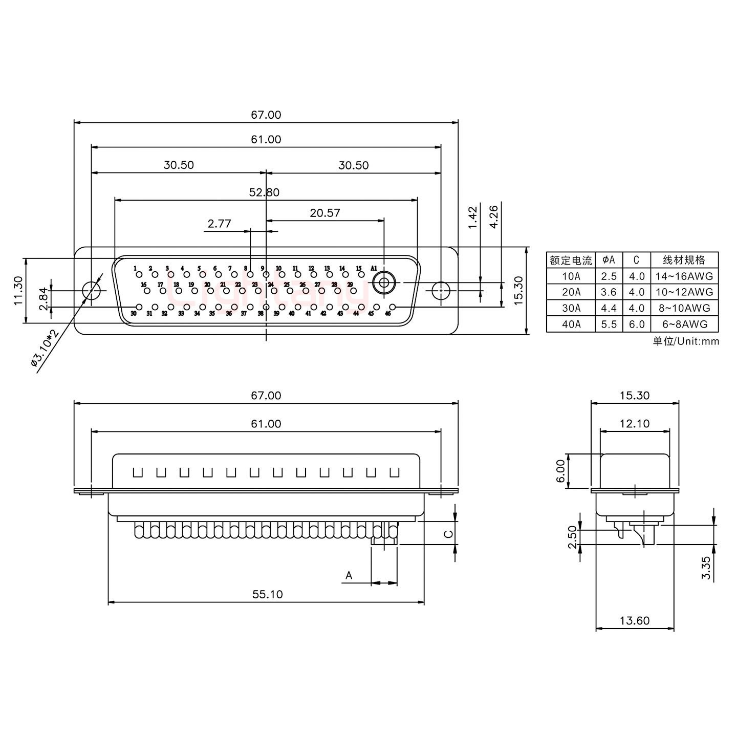 47W1公短體焊線20A+50P金屬外殼1745彎出線4~12mm