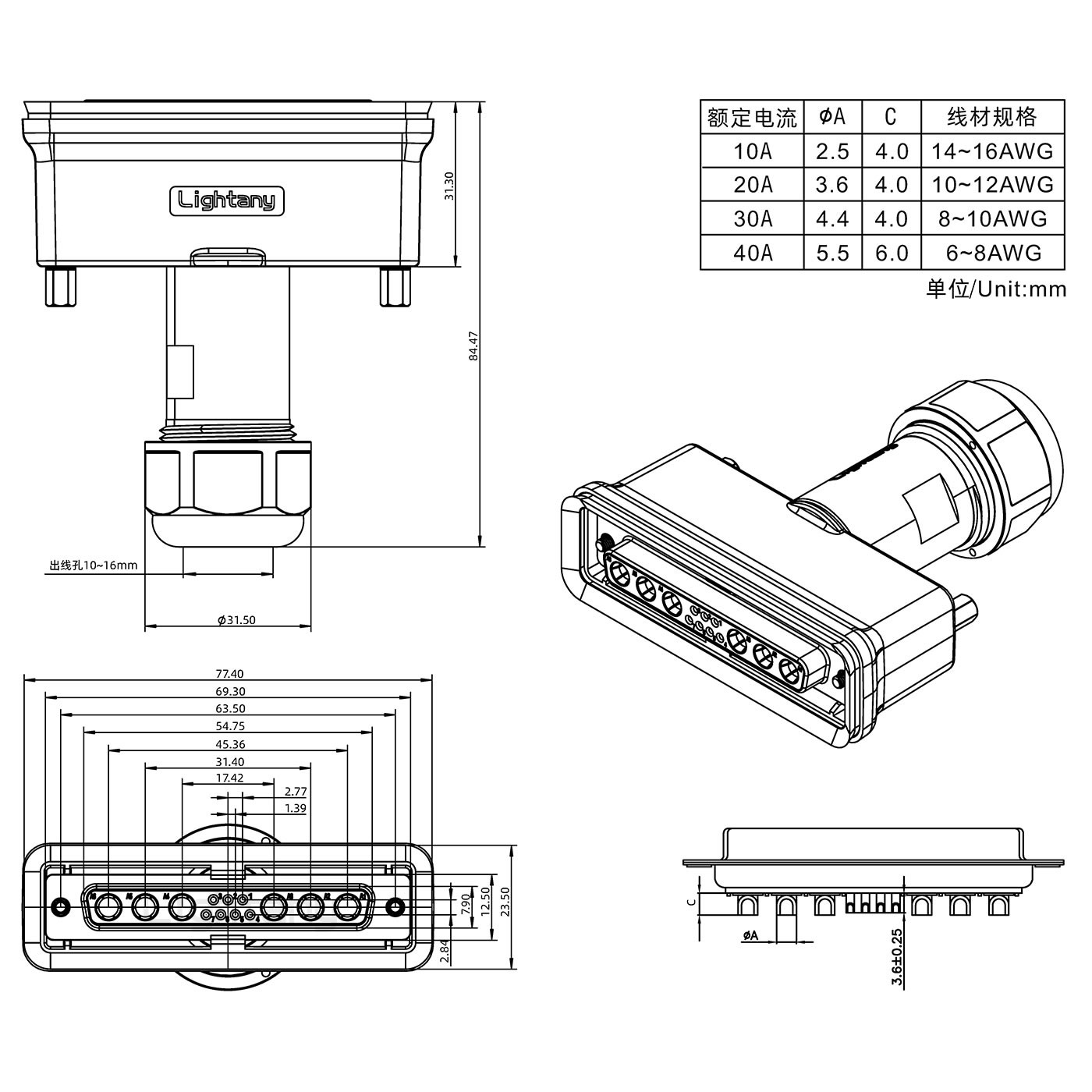 13W6A母頭焊線(xiàn)+防水接頭/線(xiàn)徑10~16mm/大電流40A