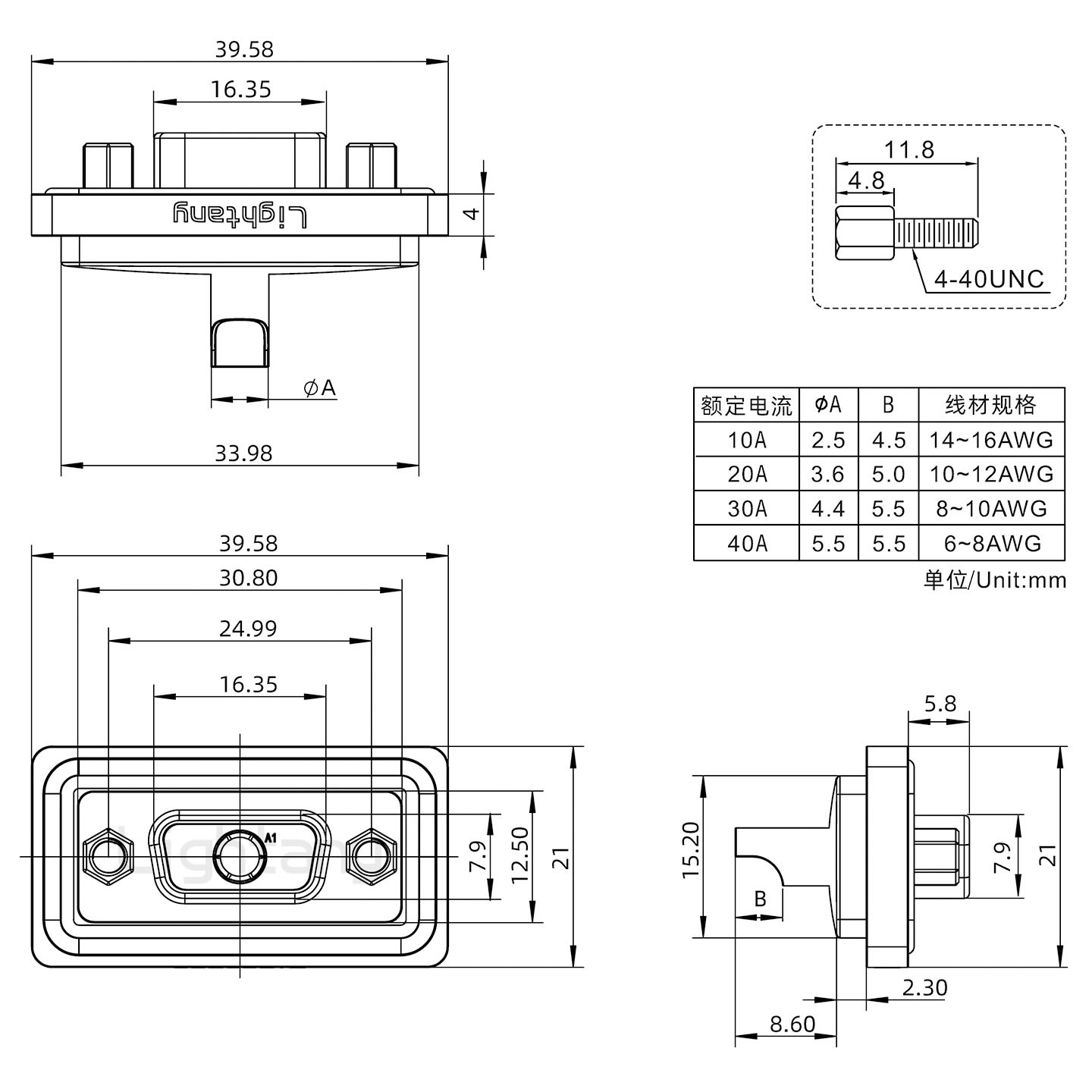 防水1W1母焊線(xiàn)式/鎖螺絲/大電流40A